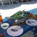 Lunch on the beach, steamed fish and rock lobster