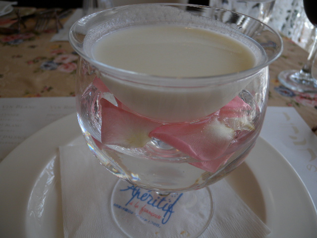 Vichyssoise with rose petals below